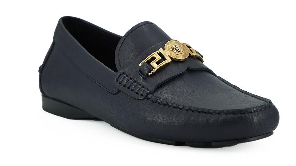 Versace Elegant Navy Blue Calf Leather Loafers - Arichezz.store