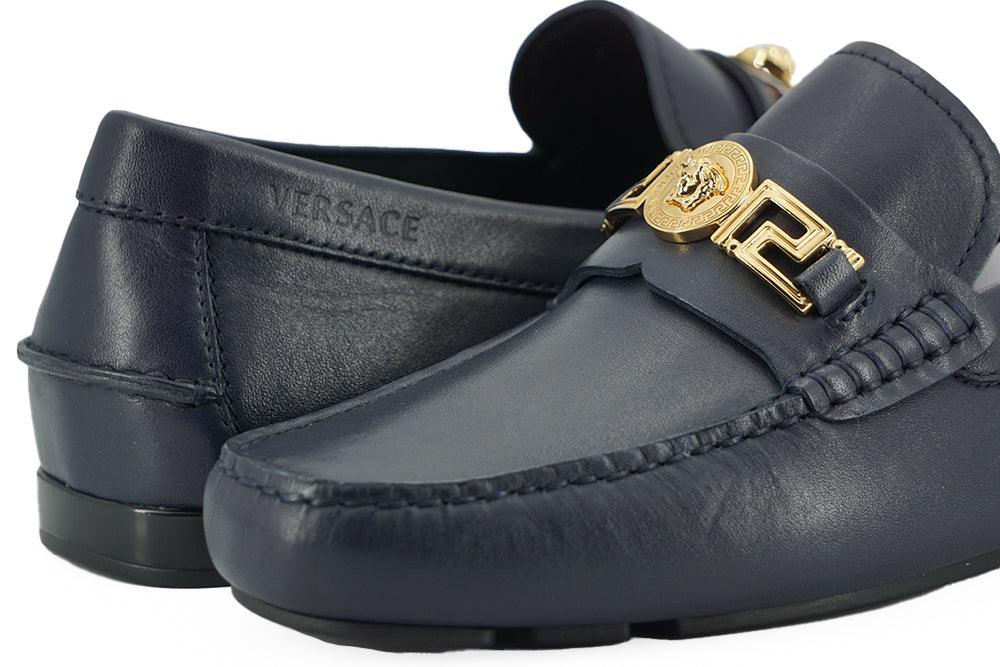 Versace Elegant Navy Blue Calf Leather Loafers - Arichezz.store