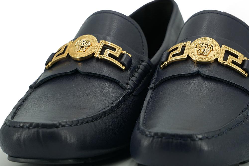 Versace Elegant Navy Blue Calf Leather Loafers - Arichezz.store