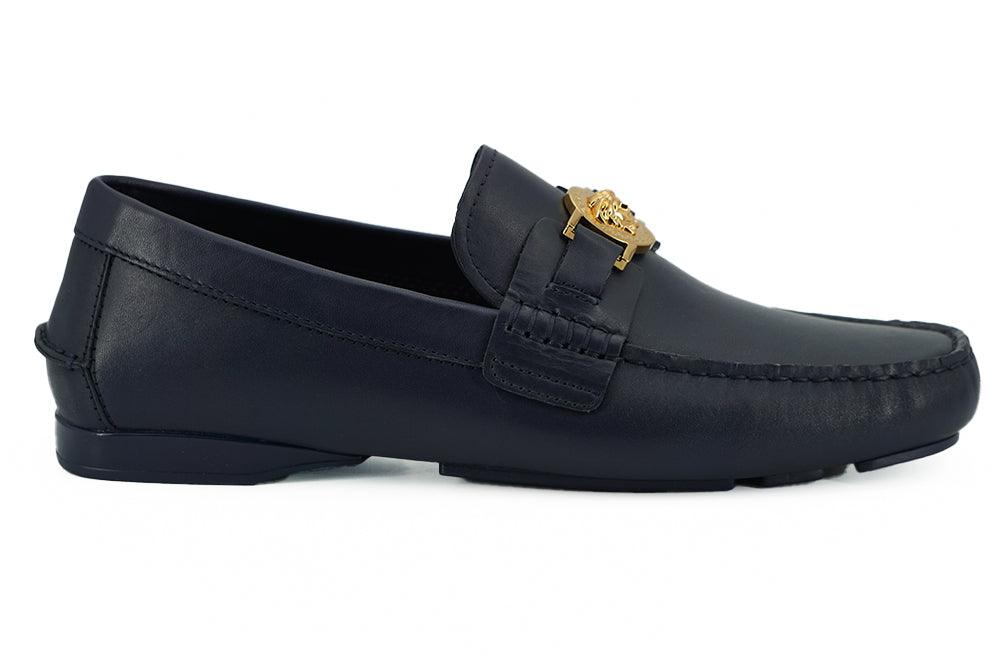 Versace Elegant Navy Blue Calf Leather Loafers - Arichezz.store