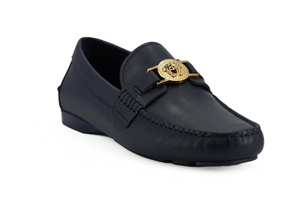 Versace Elegant Navy Blue Calf Leather Loafers - Arichezz.store