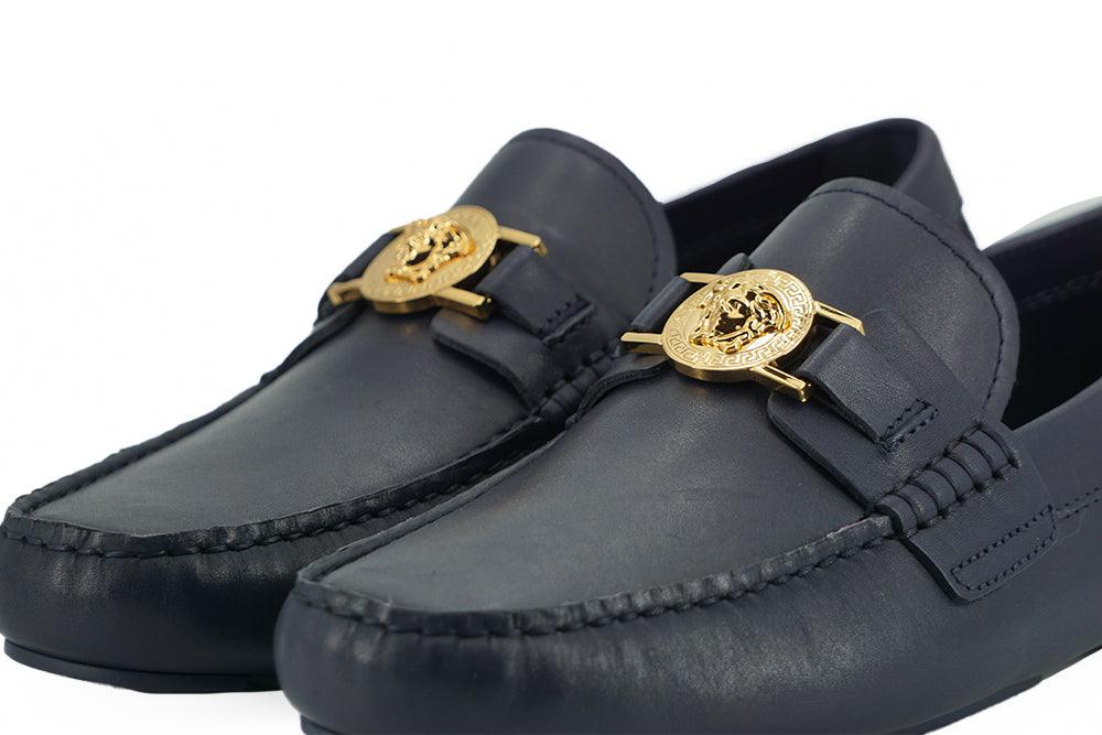 Versace Elegant Navy Blue Calf Leather Loafers - Arichezz.store