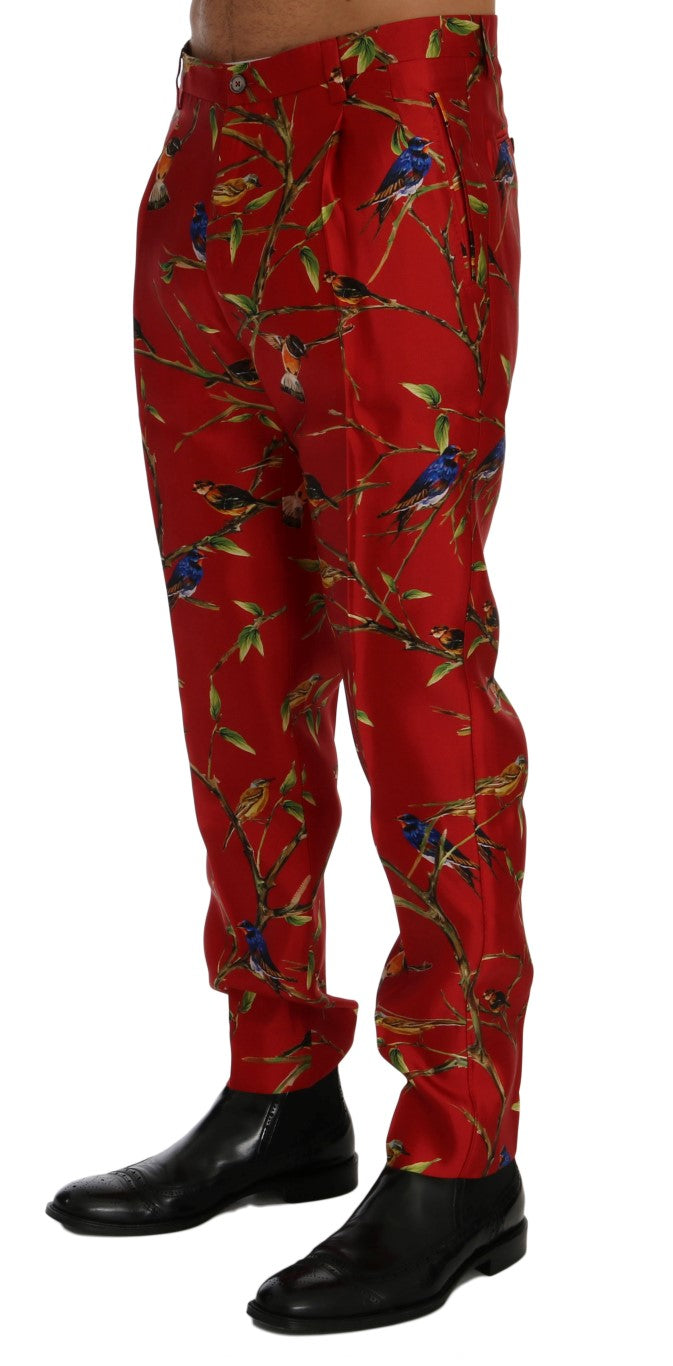 Dolce & Gabbana Elegant Silk Dress Trousers in Red Bird Print - Arichezz.store