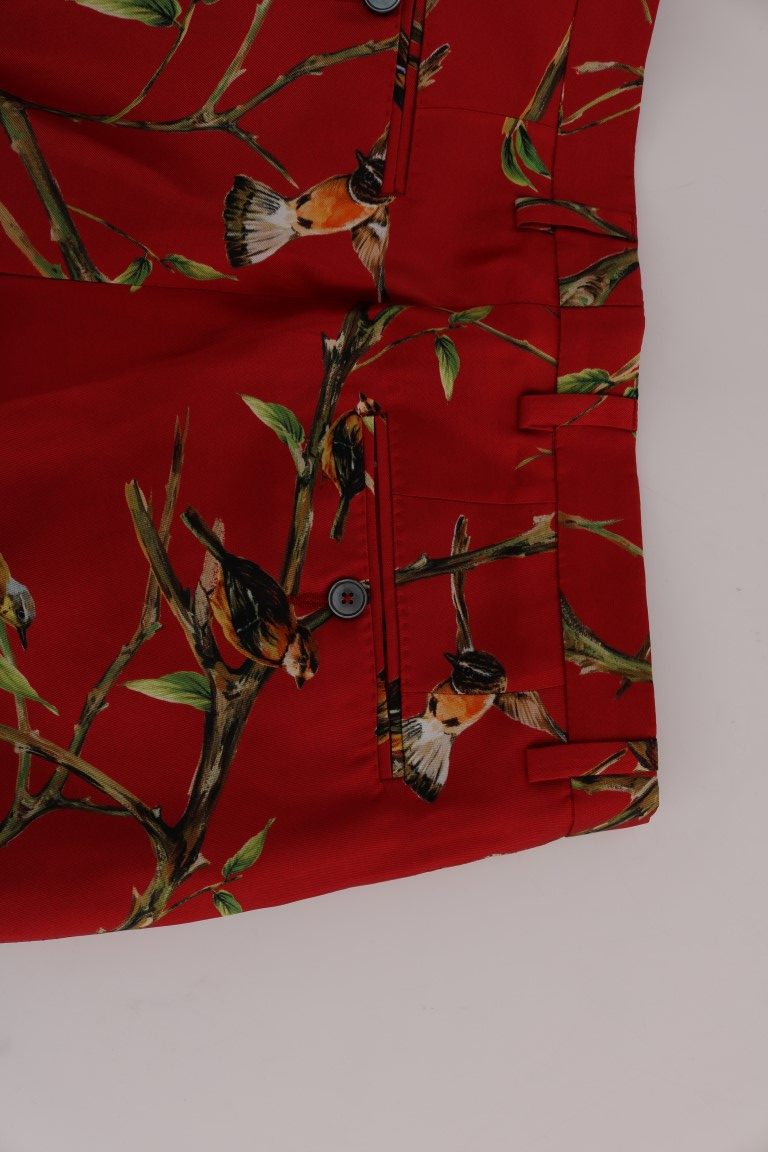 Dolce & Gabbana Elegant Silk Dress Trousers in Red Bird Print - Arichezz.store