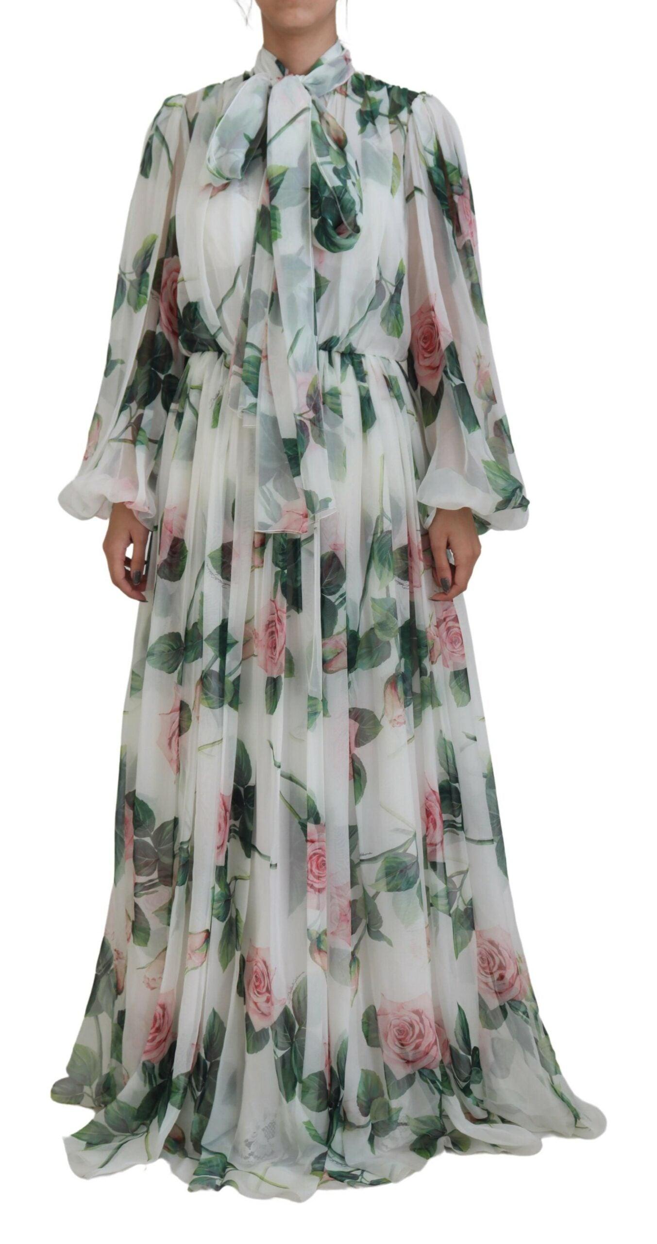 Dolce & Gabbana Elegant White Silk Maxi Dress with Rose Print - Arichezz.store