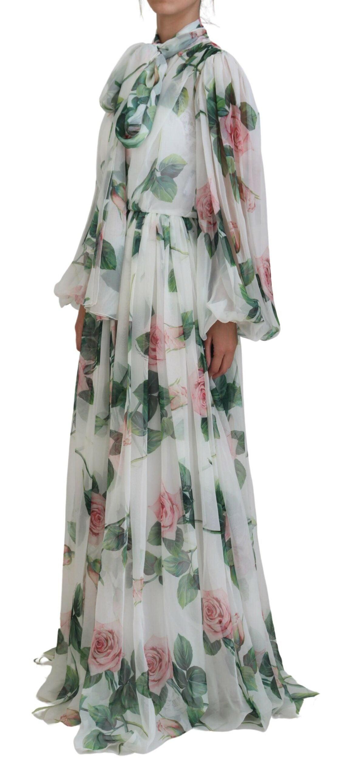 Dolce & Gabbana Elegant White Silk Maxi Dress with Rose Print - Arichezz.store