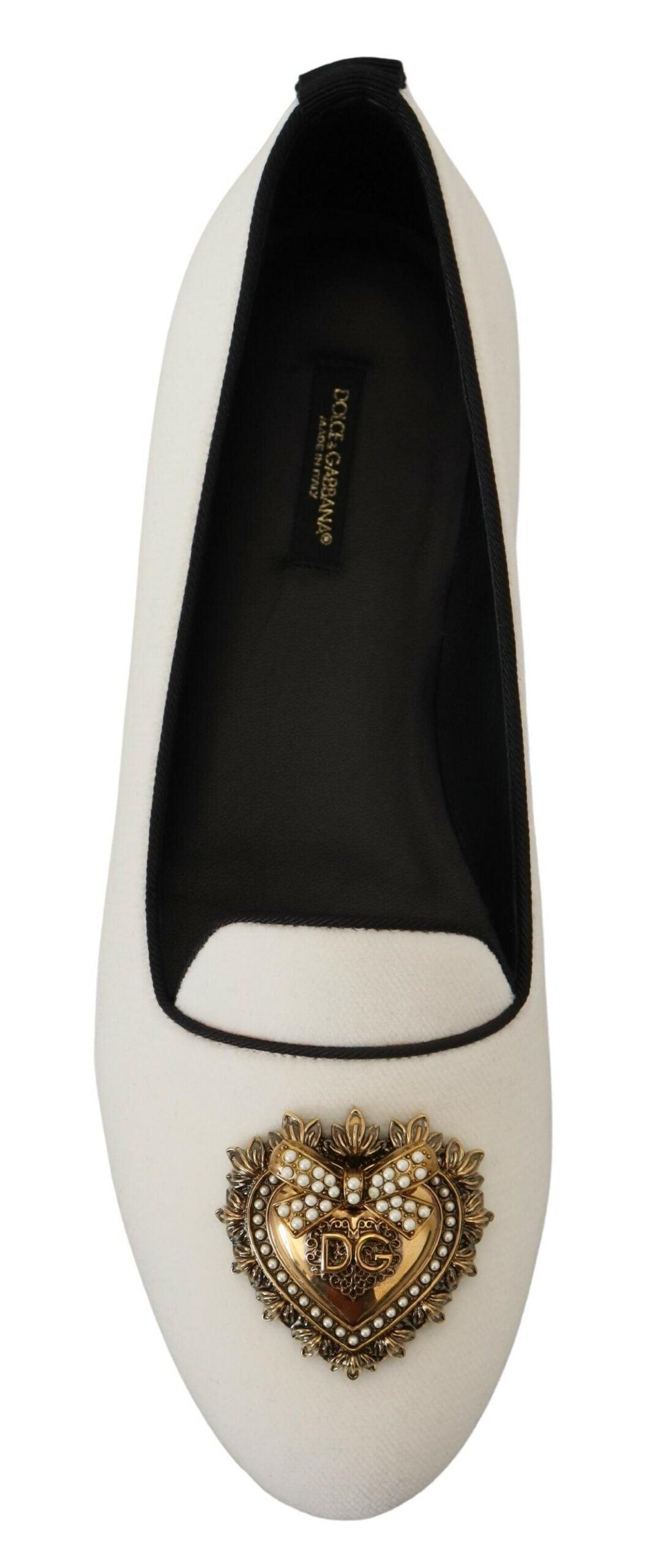 Dolce & Gabbana Elegant White Velvet Loafers with Gold Heart Detail - Arichezz.store