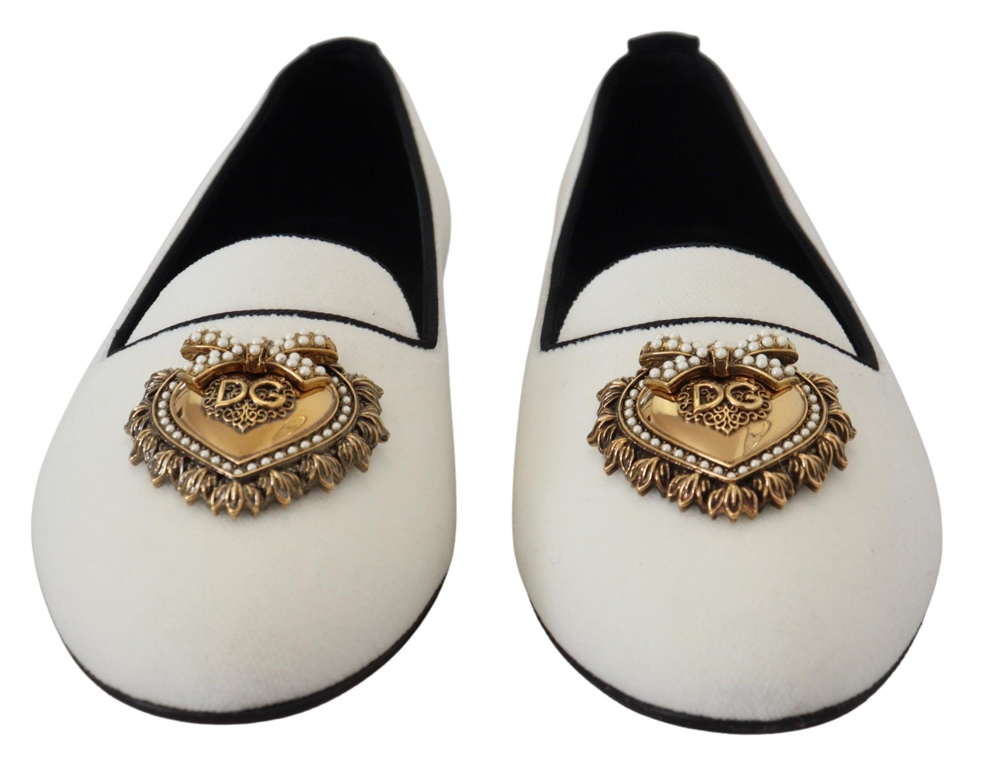 Dolce & Gabbana Elegant White Velvet Loafers with Gold Heart Detail - Arichezz.store