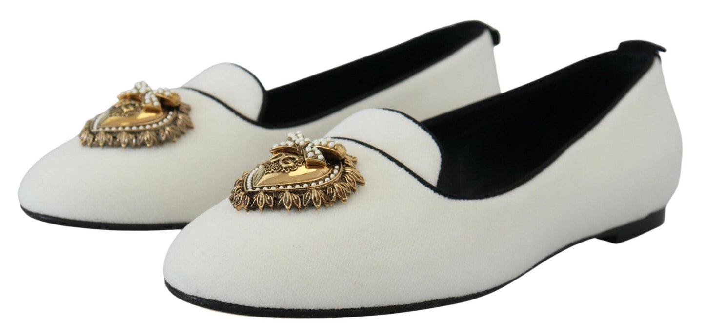 Dolce & Gabbana Elegant White Velvet Loafers with Gold Heart Detail - Arichezz.store