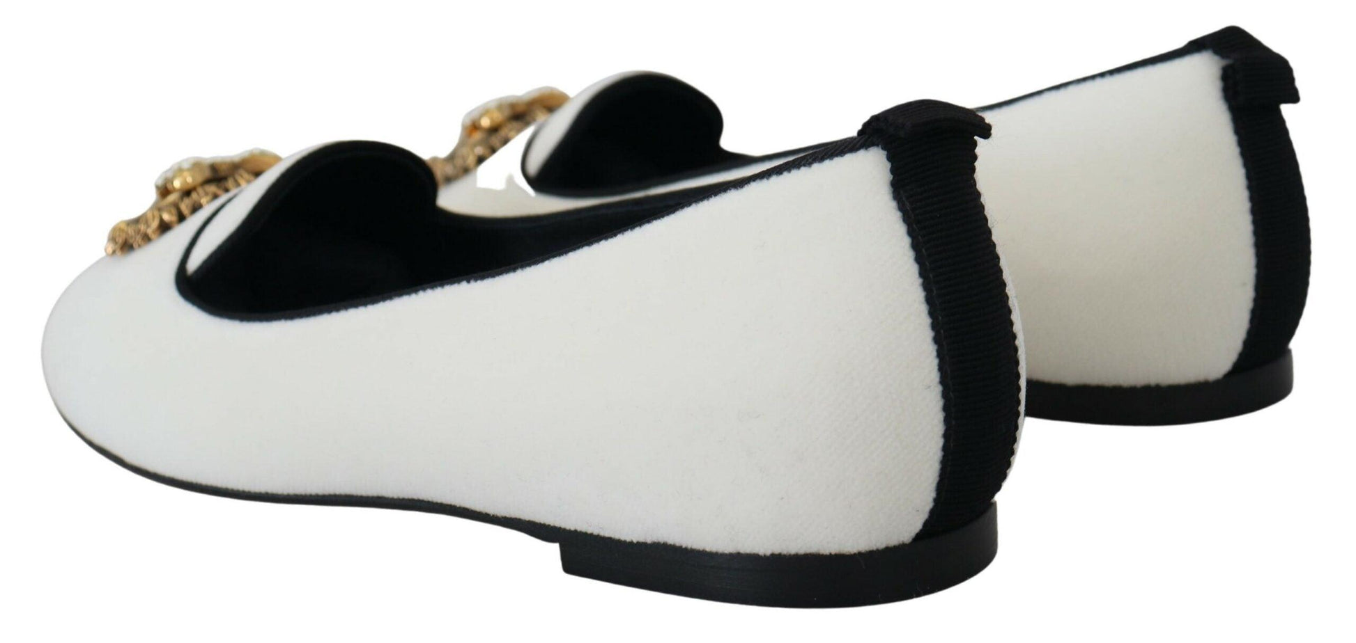 Dolce & Gabbana Elegant White Velvet Loafers with Gold Heart Detail - Arichezz.store