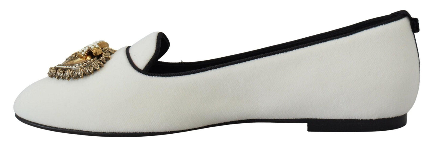 Dolce & Gabbana Elegant White Velvet Loafers with Gold Heart Detail - Arichezz.store