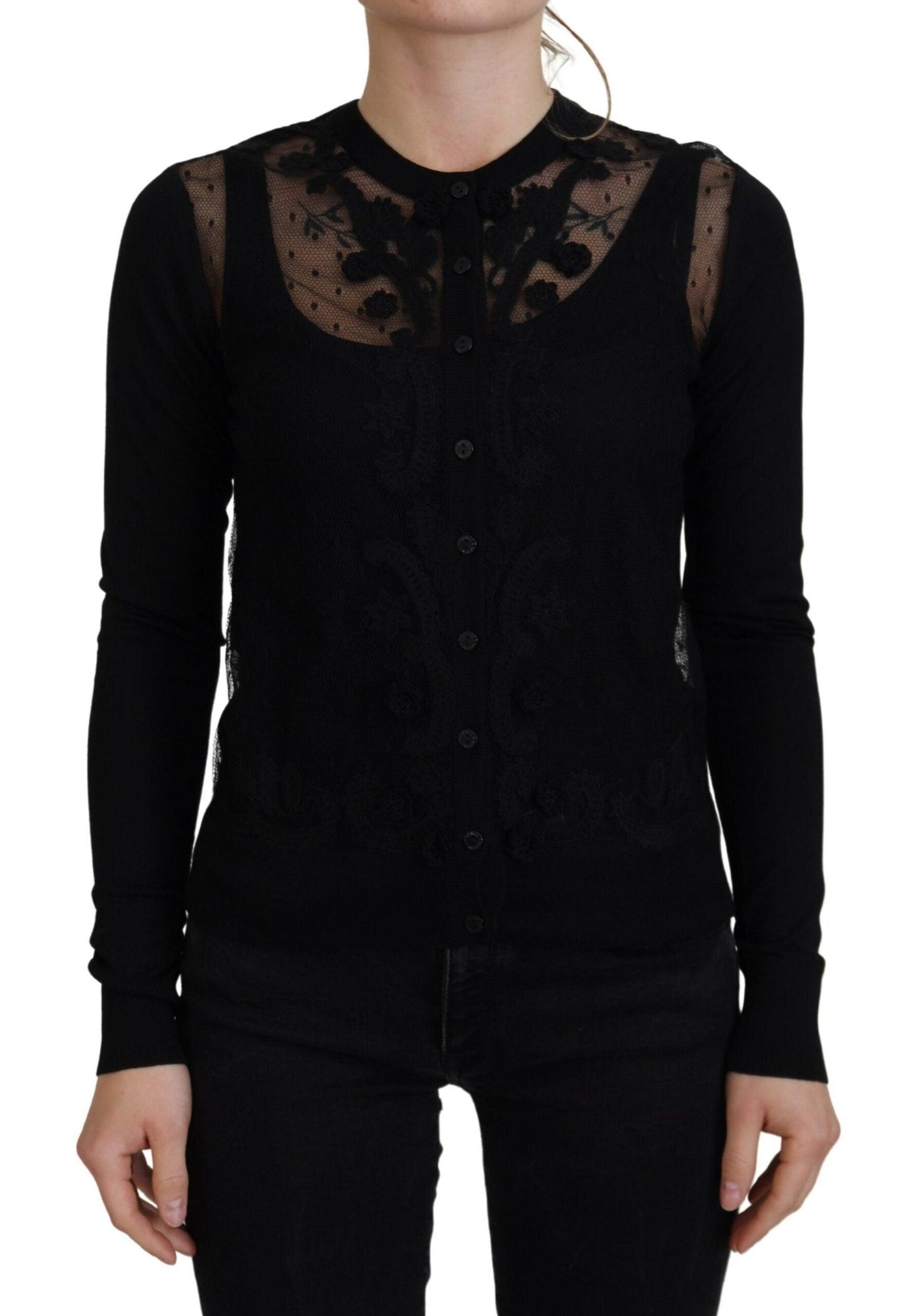 Dolce & Gabbana Elegant Black Floral Lace Cardigan Sweater - Arichezz.store