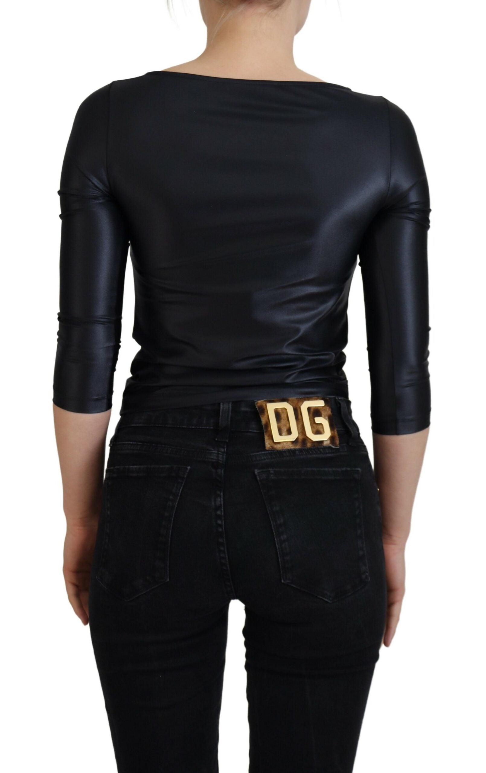 Dolce & Gabbana Elegant Black 3/4 Sleeve Top with Gold Detailing - Arichezz.store