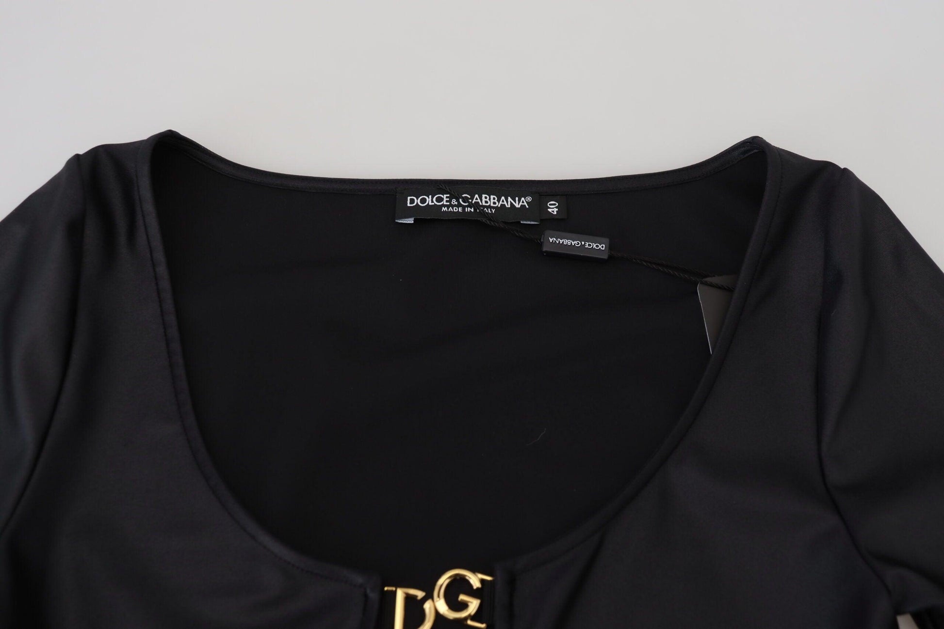 Dolce & Gabbana Elegant Black 3/4 Sleeve Top with Gold Detailing - Arichezz.store