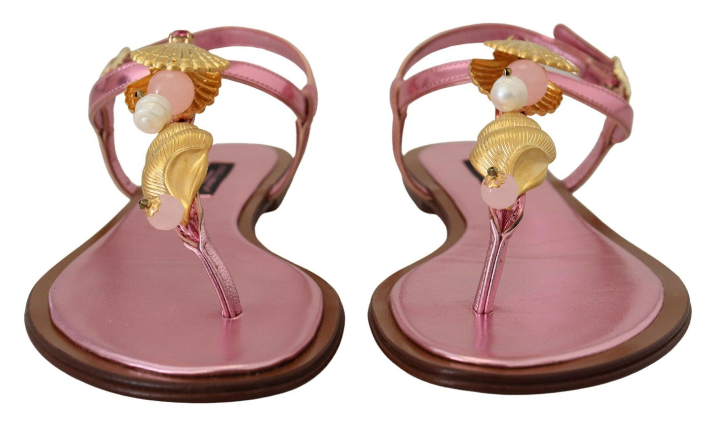 Dolce & Gabbana Chic Pink Leather Sandals with Exquisite Embellishment - Arichezz.store