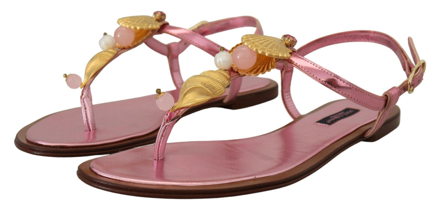 Dolce & Gabbana Chic Pink Leather Sandals with Exquisite Embellishment - Arichezz.store