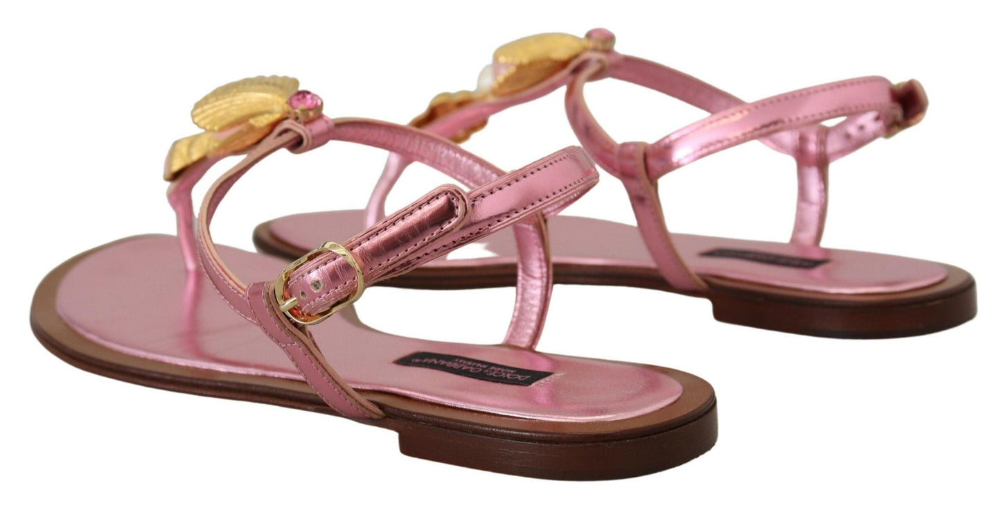 Dolce & Gabbana Chic Pink Leather Sandals with Exquisite Embellishment - Arichezz.store