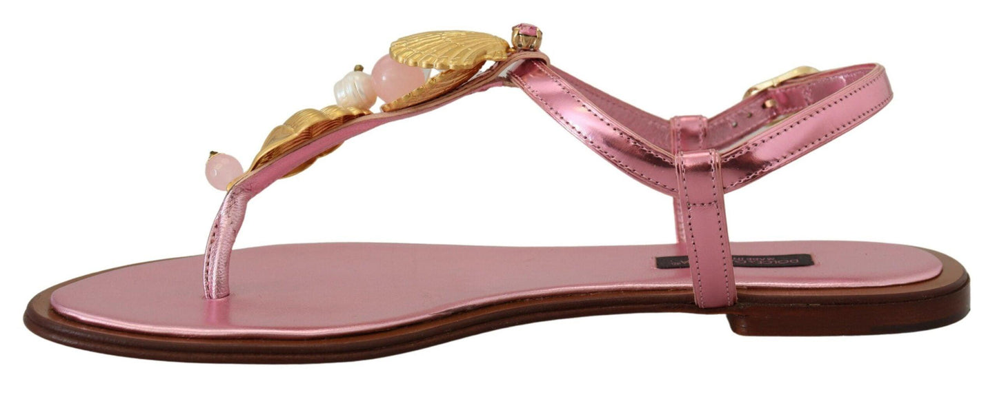 Dolce & Gabbana Chic Pink Leather Sandals with Exquisite Embellishment - Arichezz.store