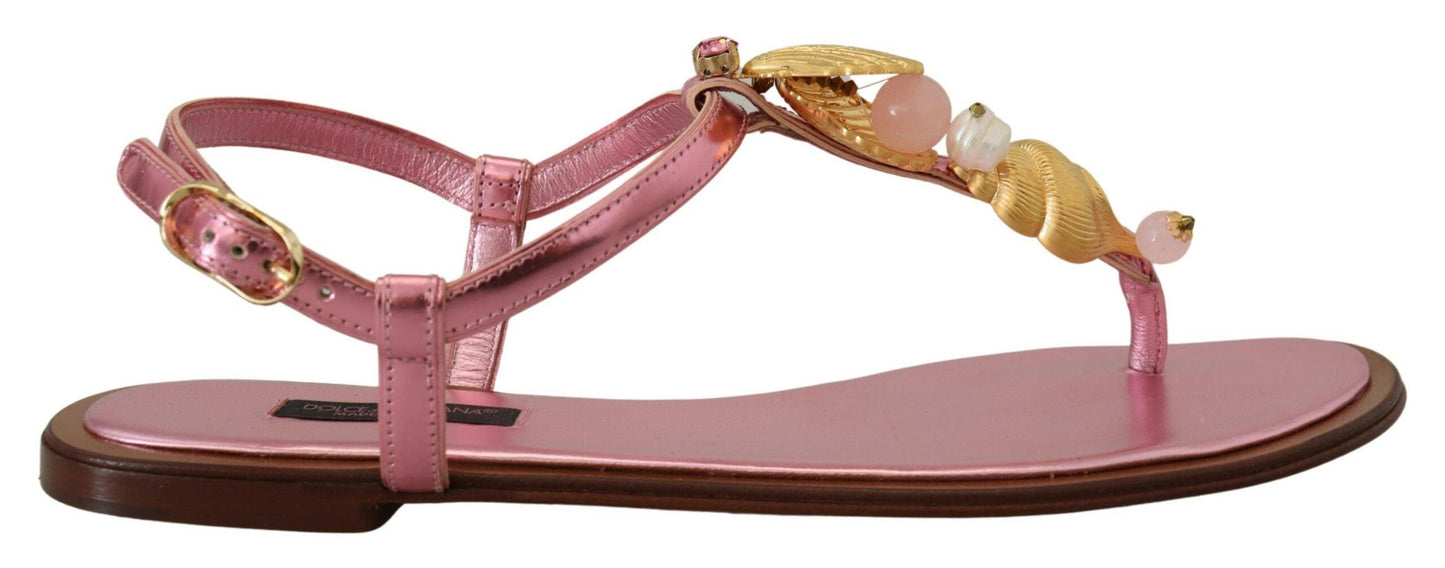 Dolce & Gabbana Chic Pink Leather Sandals with Exquisite Embellishment - Arichezz.store