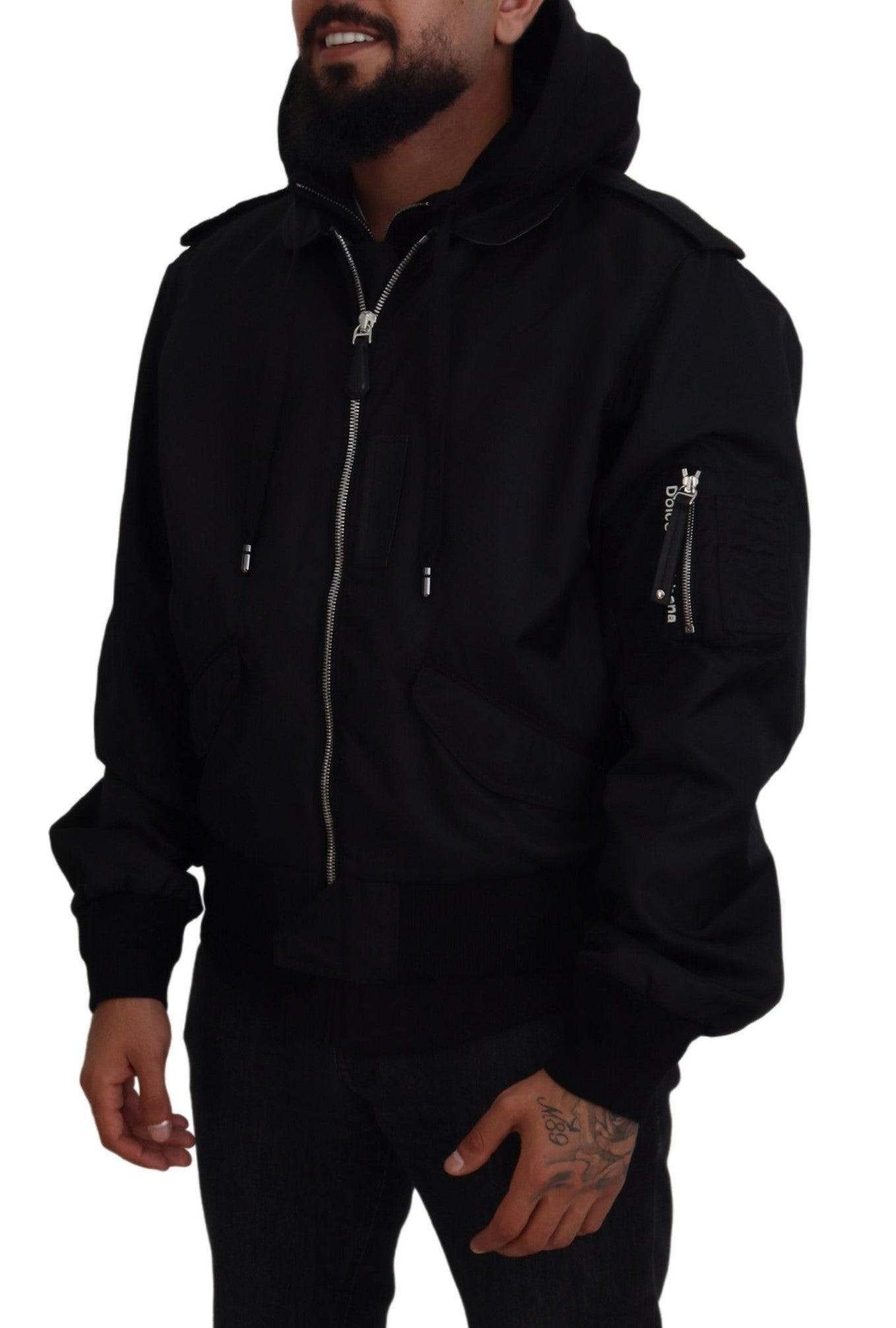 Dolce & Gabbana Sleek Black Hooded Bomber Jacket - Arichezz.store