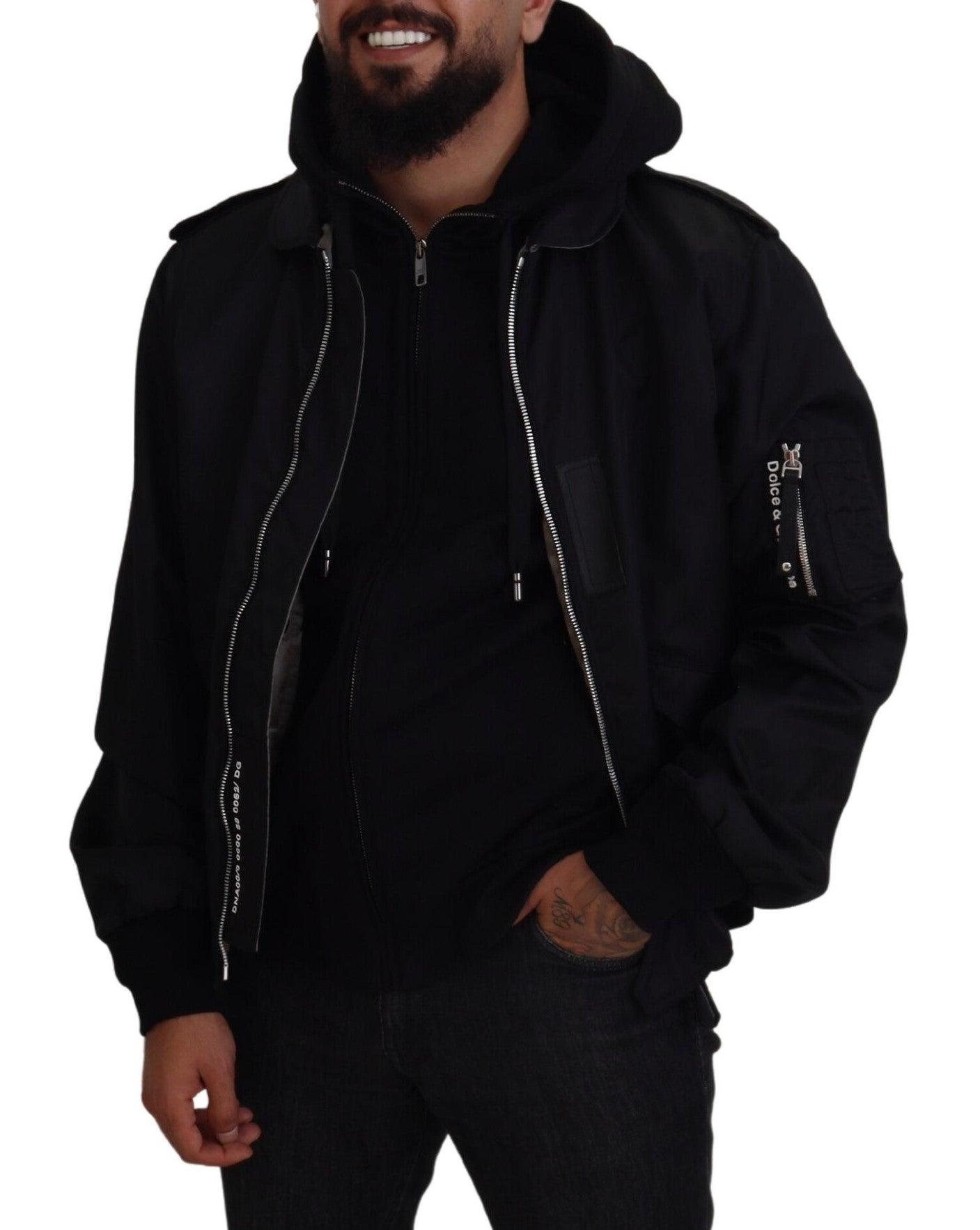 Dolce & Gabbana Sleek Black Hooded Bomber Jacket - Arichezz.store