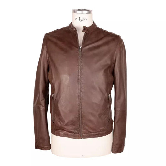 Emilio Romanelli Elegant Brown Leather Jacket with Snap Collar - Arichezz.store