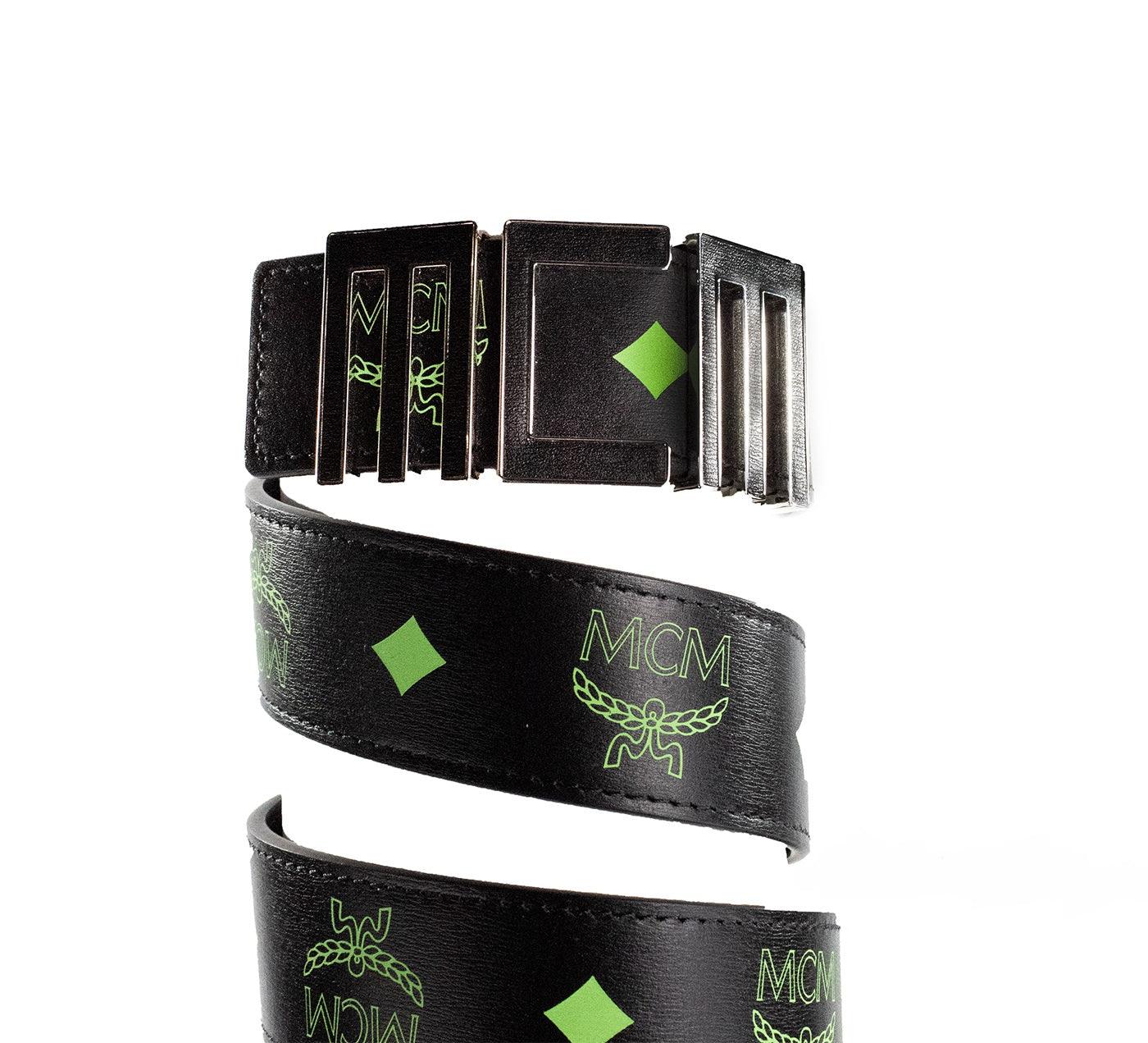 MCM Claus Mens Summer Green Smooth Visetos Logo Leather Numeric Buckle Belt - Arichezz.store