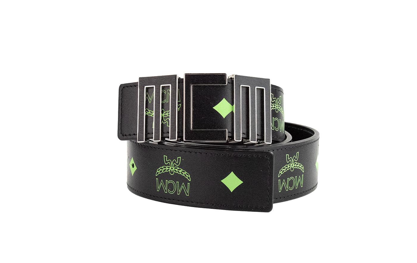 MCM Claus Mens Summer Green Smooth Visetos Logo Leather Numeric Buckle Belt - Arichezz.store