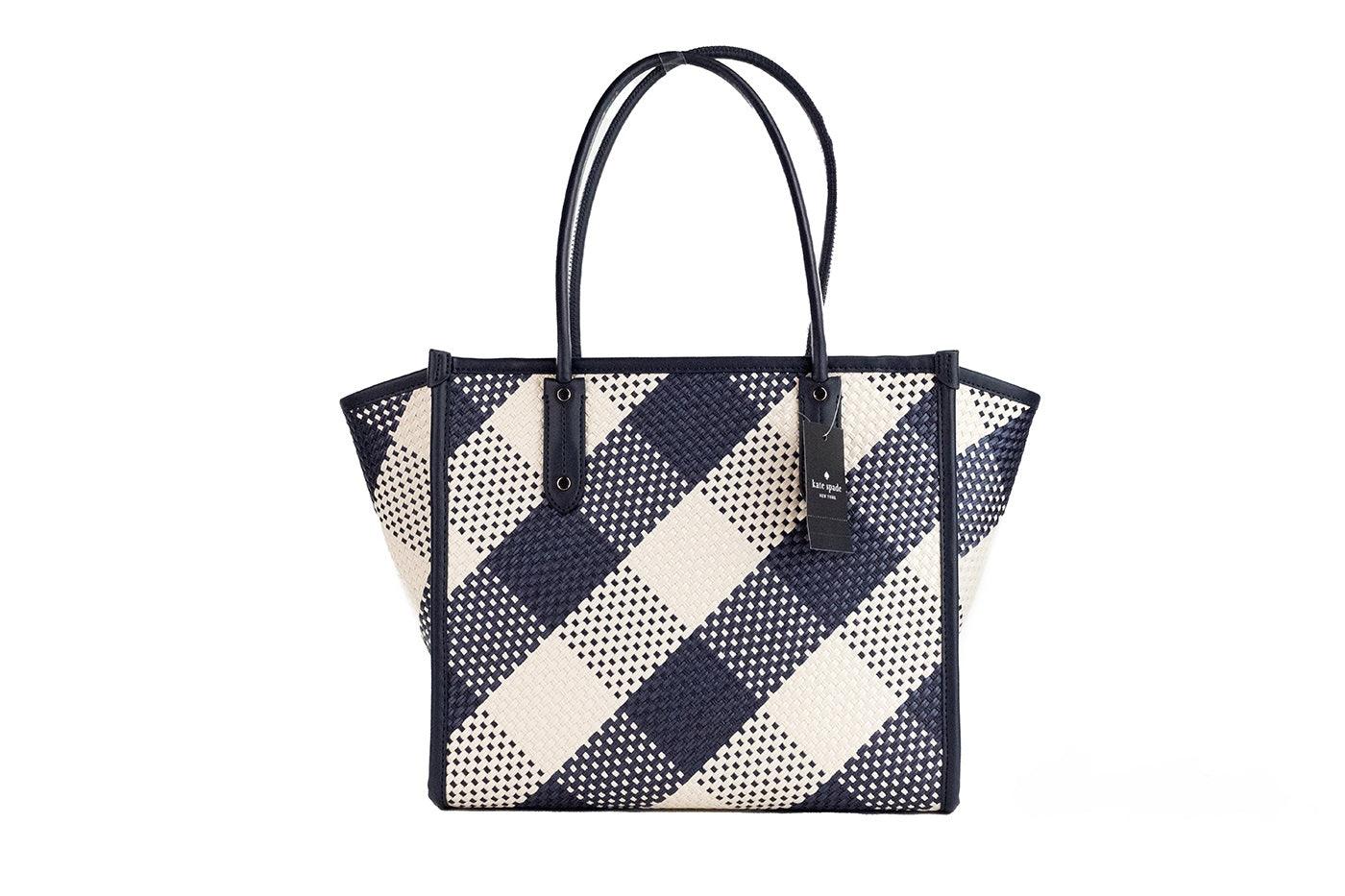 Kate Spade Ella Gingham Blazer Blue Oversized Woven Shoulder Tote Bag Purse - Arichezz.store