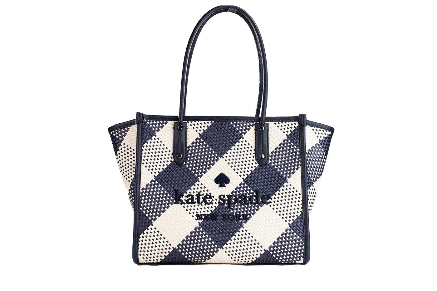 Kate Spade Ella Gingham Blazer Blue Oversized Woven Shoulder Tote Bag Purse - Arichezz.store