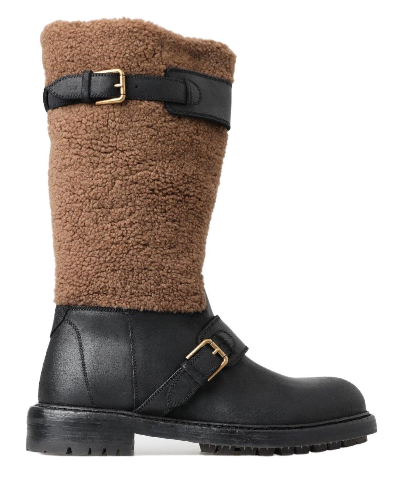 Dolce & Gabbana Black Shearling Leather Long Boots - Arichezz.store