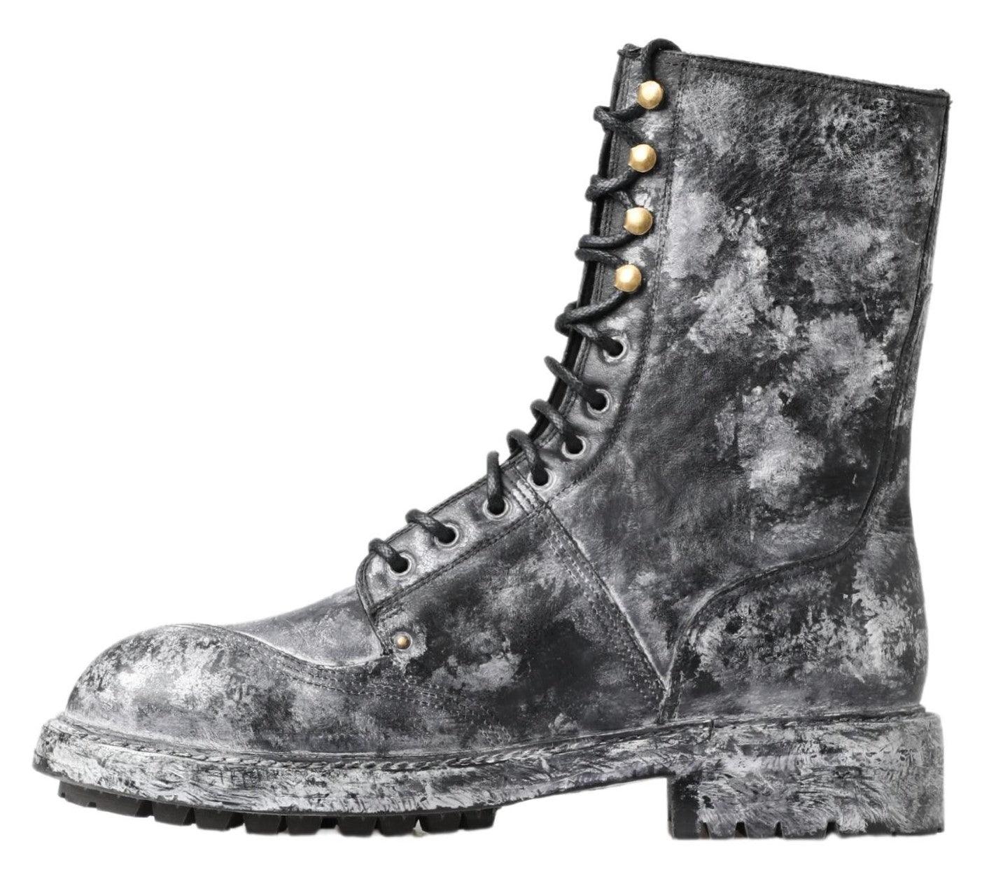 Dolce & Gabbana Chic Black Lace-Up Boots with Gray White Fade - Arichezz.store