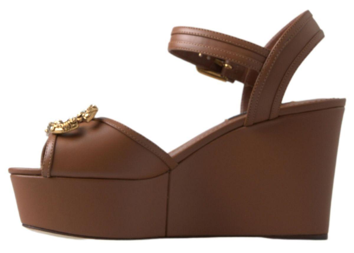 Dolce & Gabbana Chic Brown Leather Ankle Strap Wedges - Arichezz.store