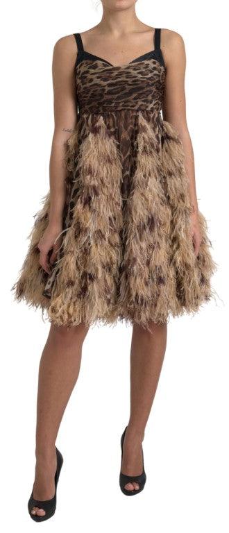 Dolce & Gabbana Sleeveless Leopard Chiffon Ostrich-Feather Dress - Arichezz.store