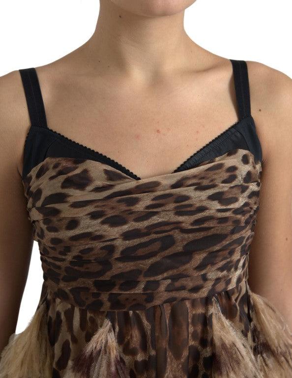 Dolce & Gabbana Sleeveless Leopard Chiffon Ostrich-Feather Dress - Arichezz.store