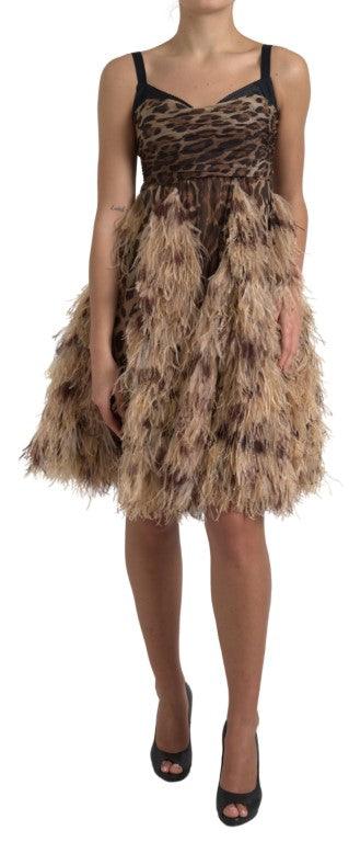 Dolce & Gabbana Sleeveless Leopard Chiffon Ostrich-Feather Dress - Arichezz.store