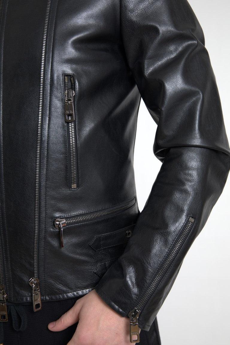 Dolce & Gabbana Sleek Black Leather Biker Jacket - Arichezz.store