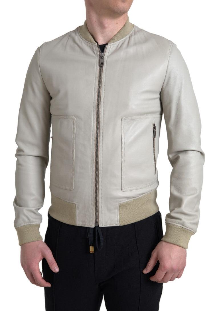 Dolce & Gabbana Cream Leather Bomber Jacket - Arichezz.store