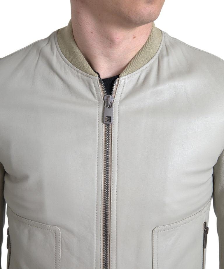 Dolce & Gabbana Cream Leather Bomber Jacket - Arichezz.store