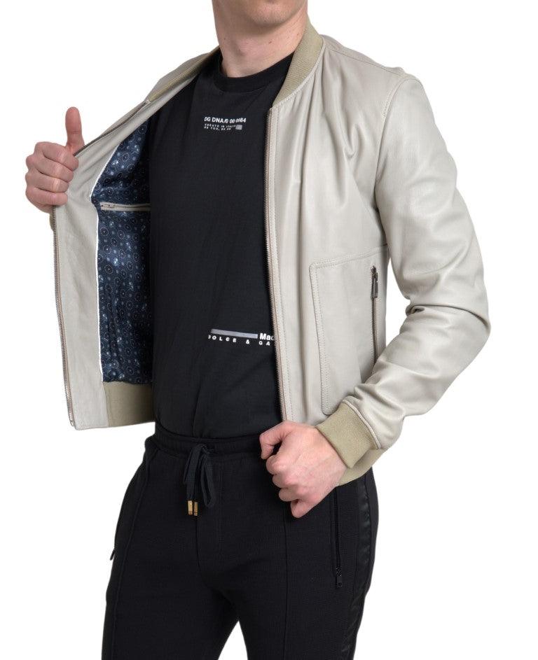 Dolce & Gabbana Cream Leather Bomber Jacket - Arichezz.store