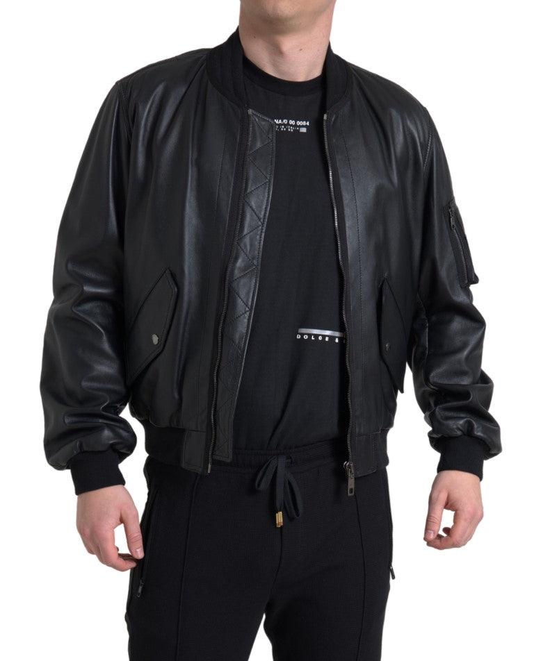 Dolce & Gabbana Elegant Black Leather Bomber Jacket - Arichezz.store