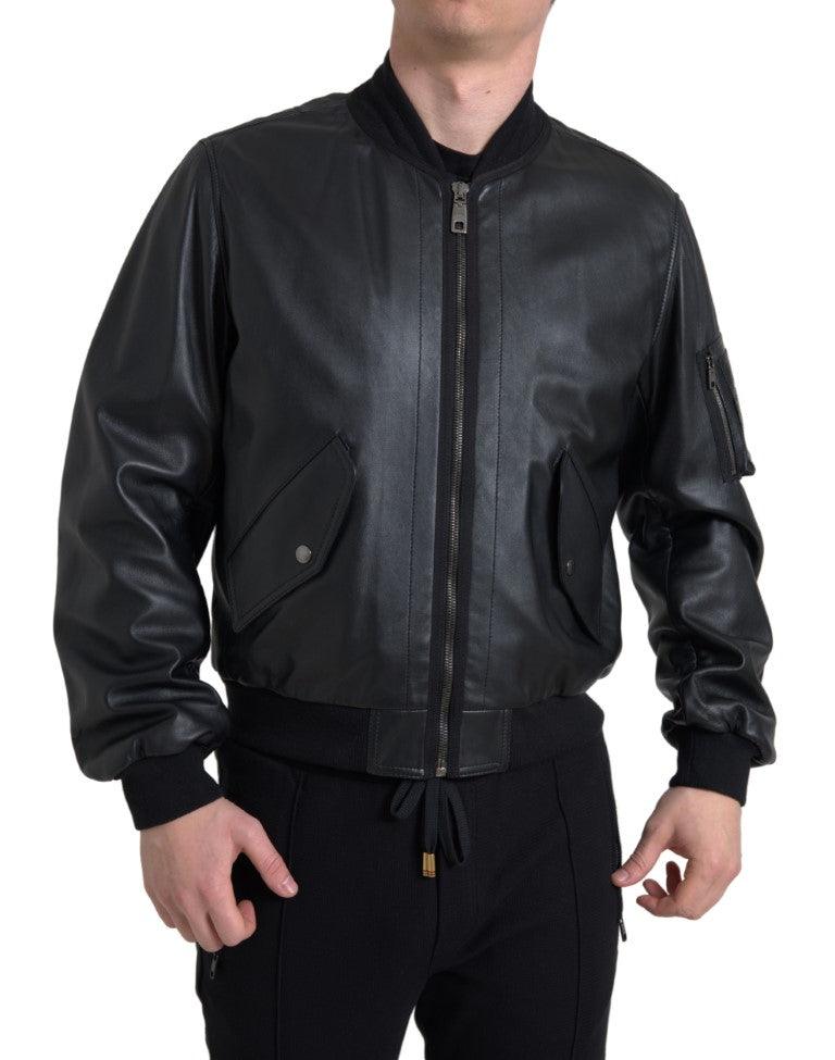 Dolce & Gabbana Elegant Black Leather Bomber Jacket - Arichezz.store