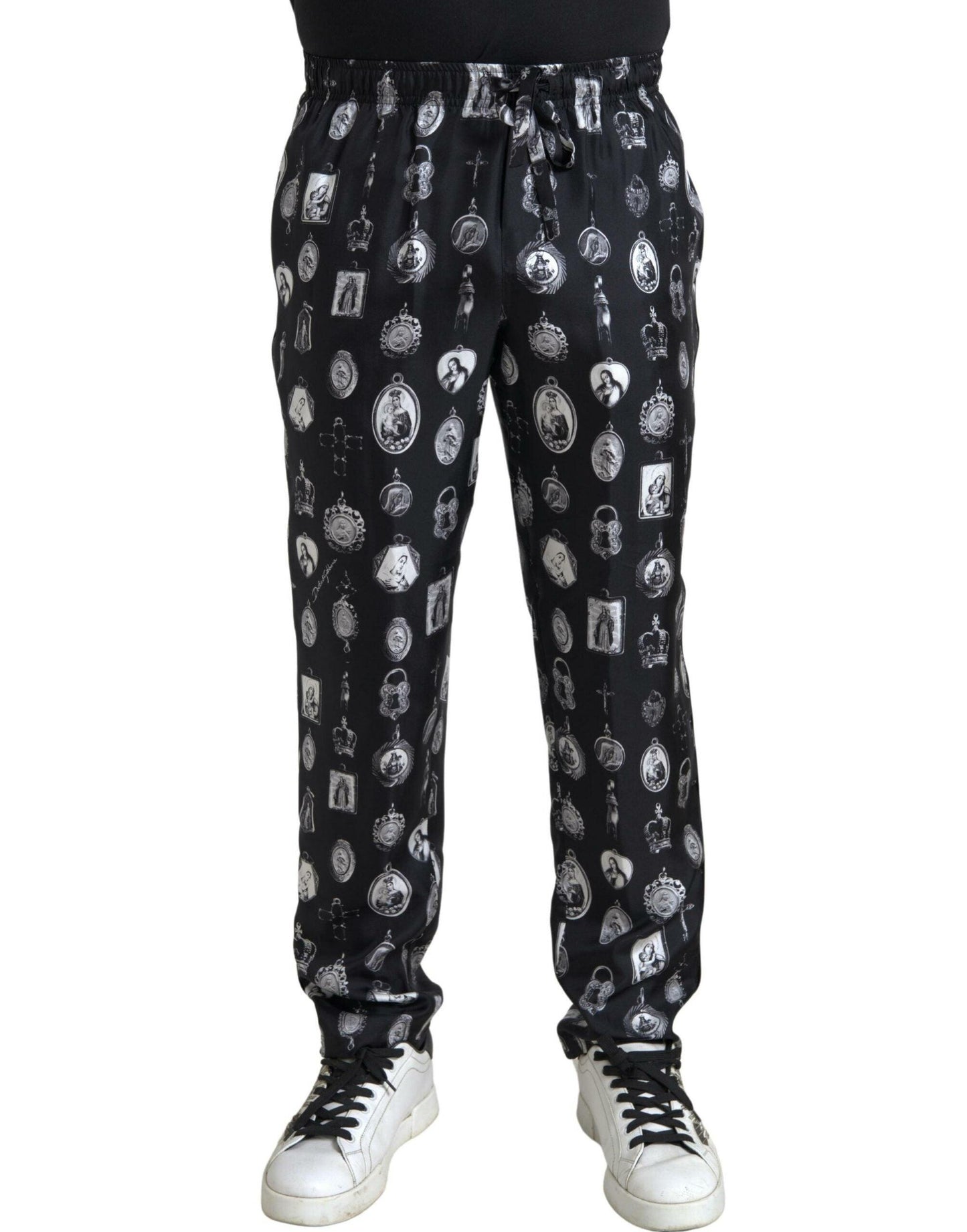 Dolce & Gabbana Elegant Silk Joggers with Religious Print - Arichezz.store