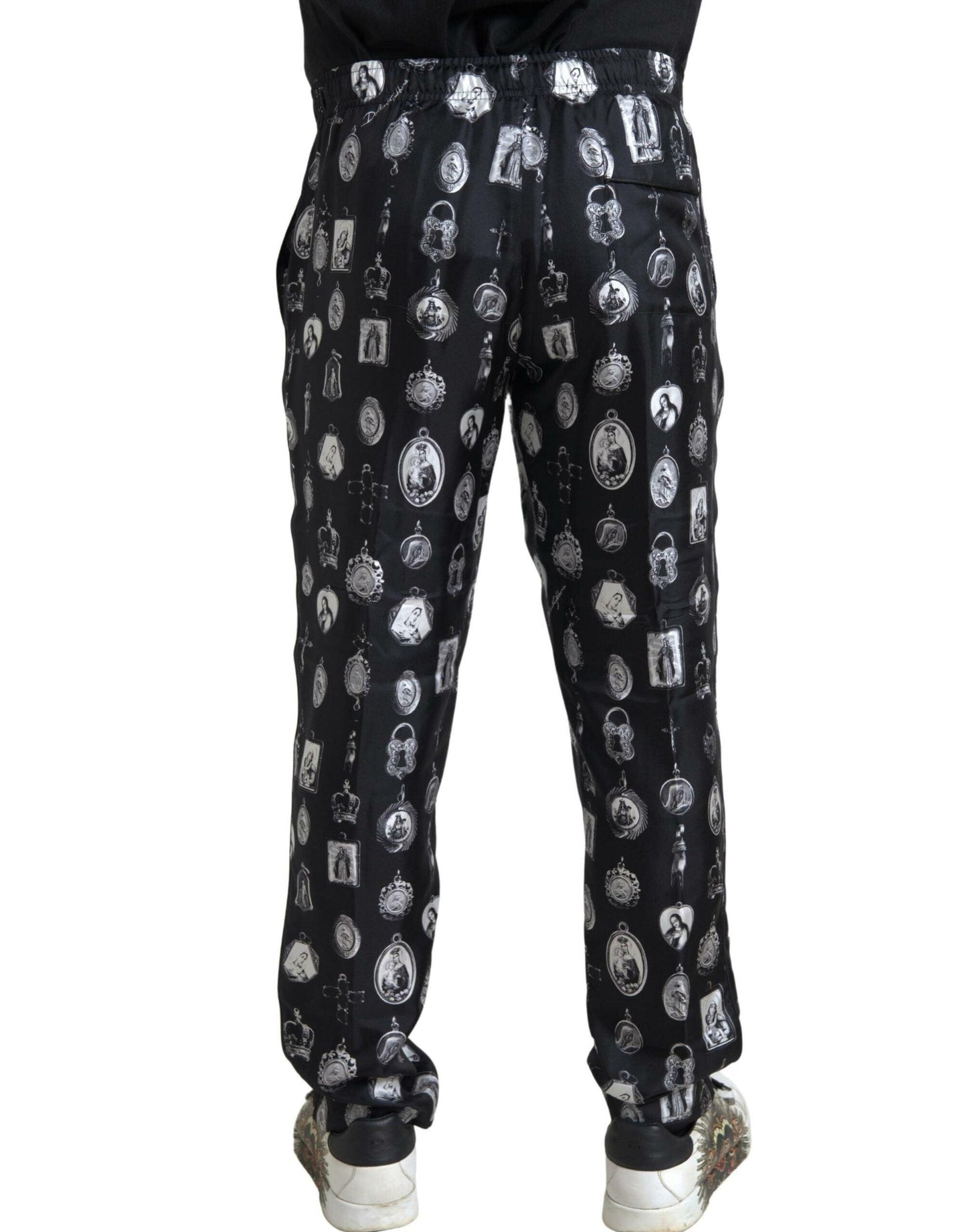 Dolce & Gabbana Elegant Silk Joggers with Religious Print - Arichezz.store