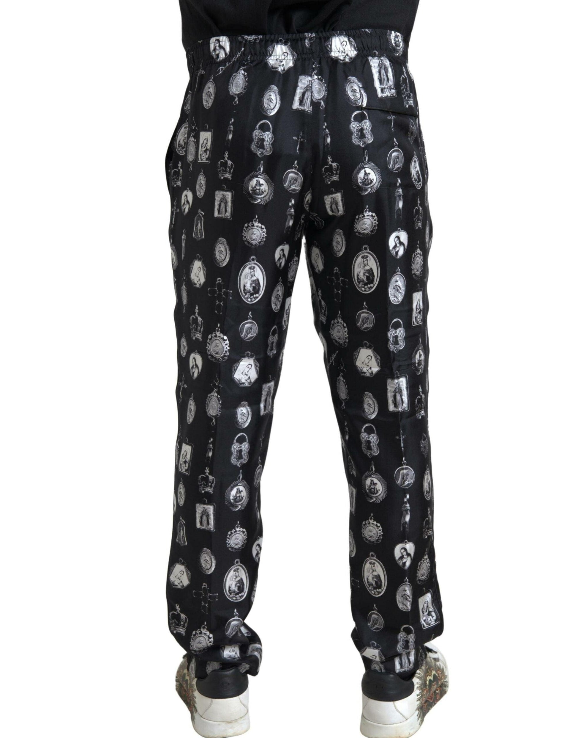 Dolce & Gabbana Elegant Silk Joggers with Religious Print - Arichezz.store