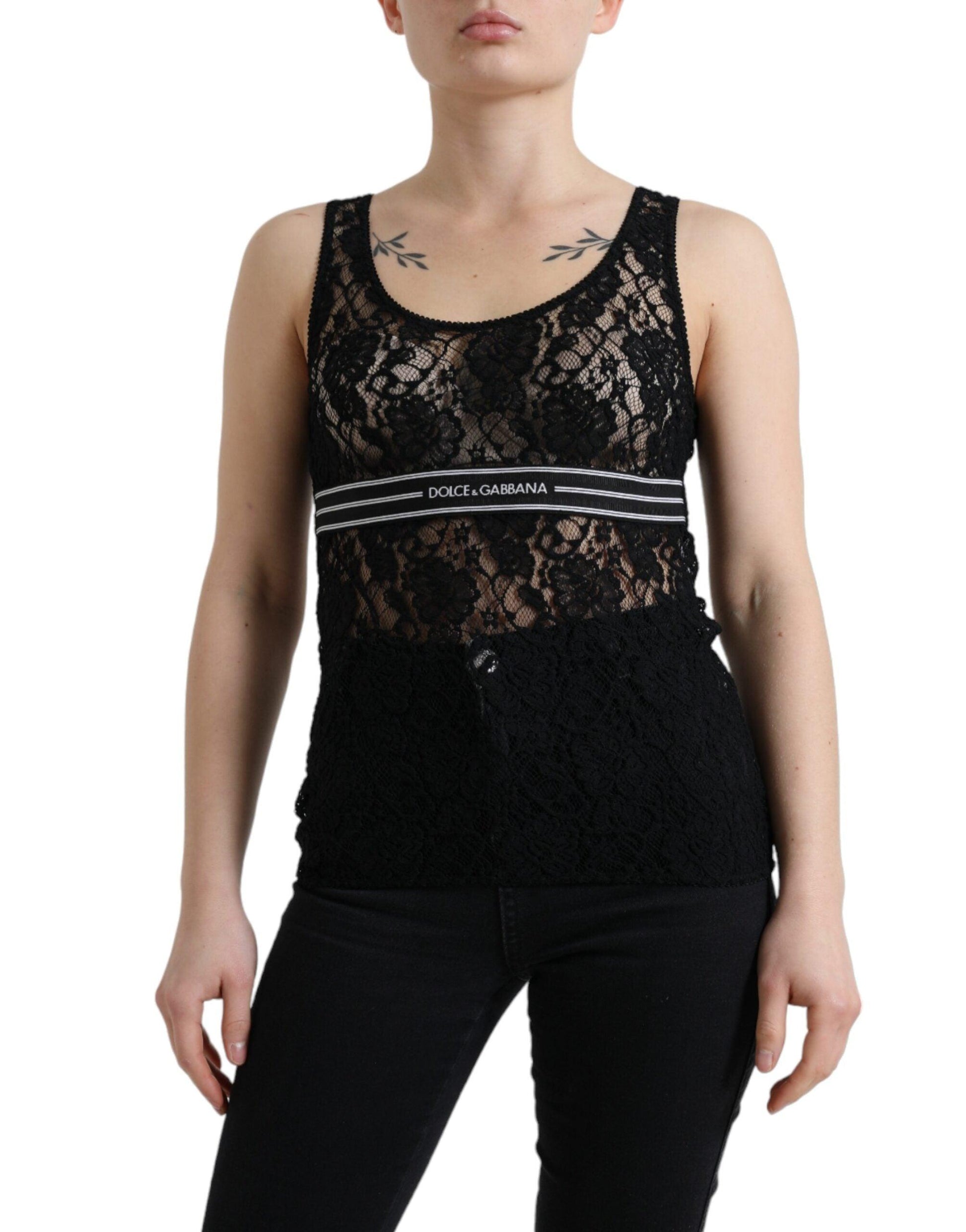 Dolce & Gabbana Elegant Lace Tank Top with Logo Stripe - Arichezz.store