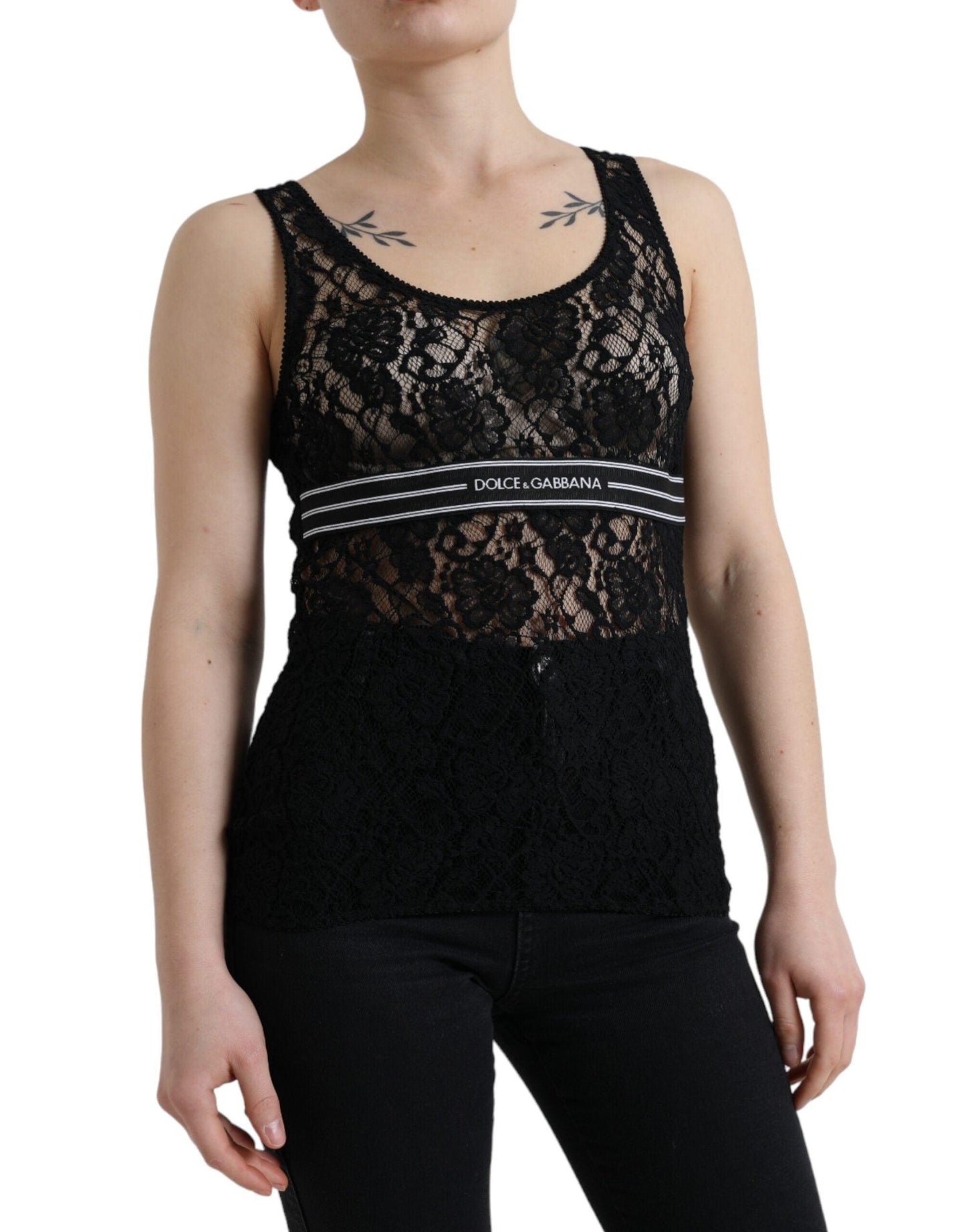 Dolce & Gabbana Elegant Lace Tank Top with Logo Stripe - Arichezz.store