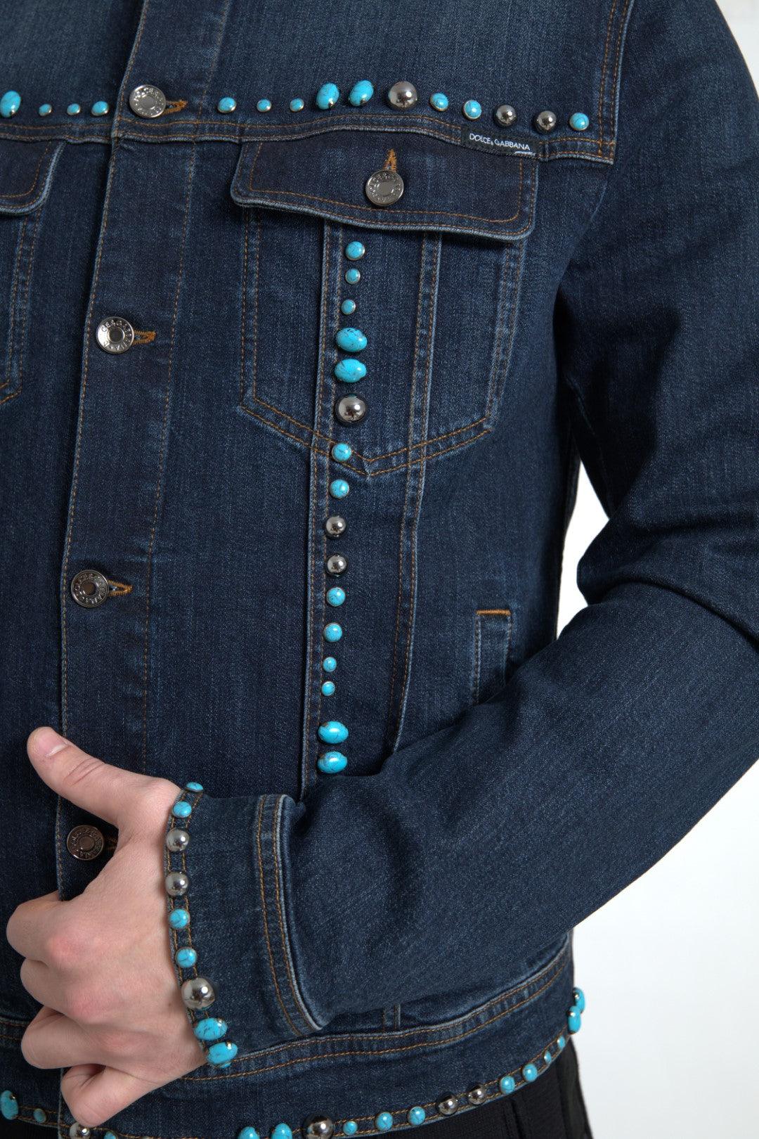 Dolce & Gabbana Embellished Turquoise Denim Jacket - Arichezz.store