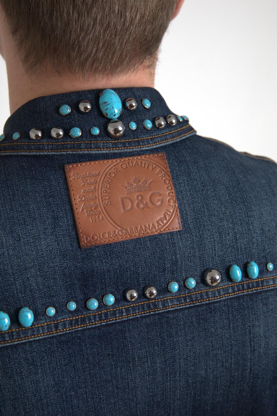 Dolce & Gabbana Embellished Turquoise Denim Jacket - Arichezz.store