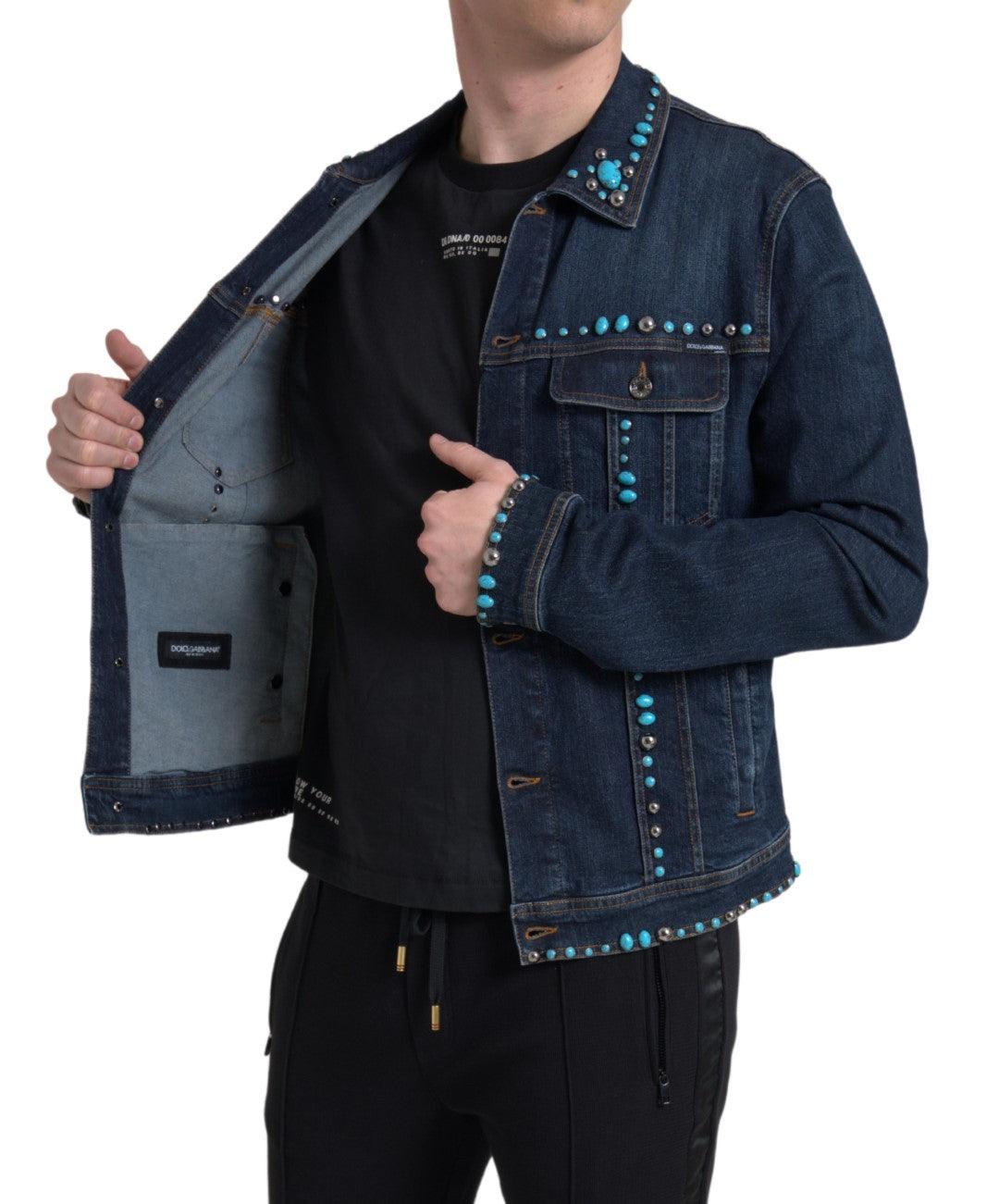 Dolce & Gabbana Embellished Turquoise Denim Jacket - Arichezz.store